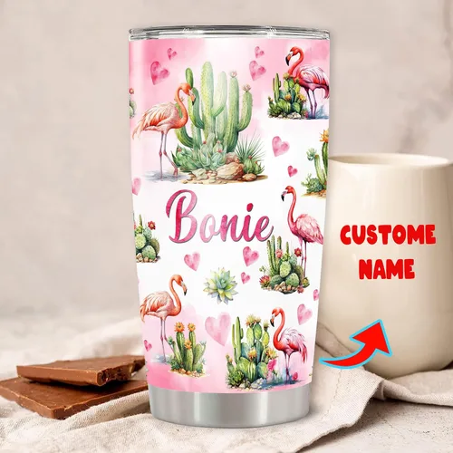 Vista 2 de Vaso de café de viaje personalizado con diseño de flamenco, tazas aisladas con tapa con nombre personalizado animal estampado floral, vasos de acero