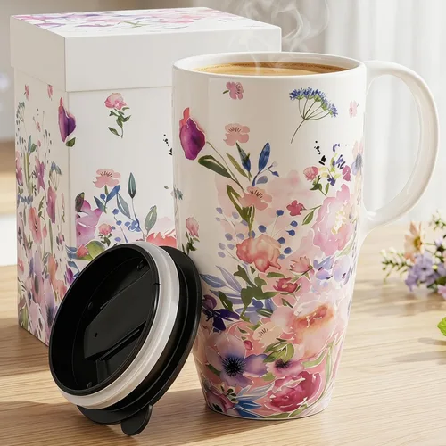 Vista 11 de Topadorn Tazas de cerámica de porcelana, taza de café con tapa y asa, taza de café, taza de té de café con tapa y asa, taza de café, 17 oz. Abstracto