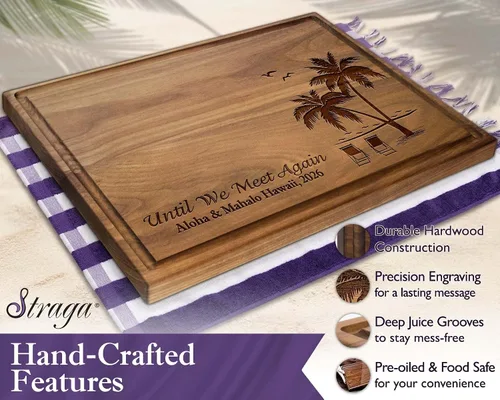 Vista 3 de Tabla de cortar personalizada para bodas en la playa – Tabla de charcutería grabada personalizada para parejas – Regalo náutico de playa tropical