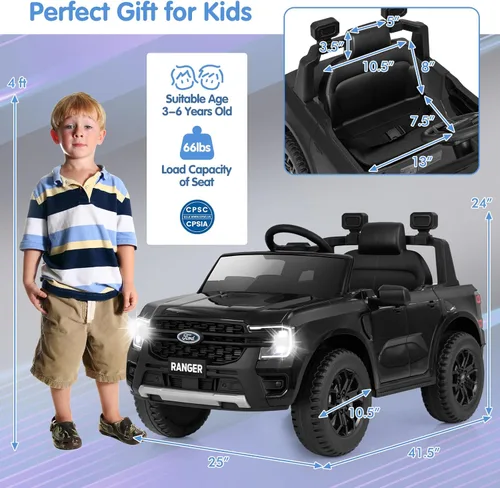 Vista 9 de HONEY JOY Vehículo eléctrico Ford Ranger con licencia de 12 V para niños, suspensión de resorte, música y 3 velocidades, bocina, luces LED, juguete