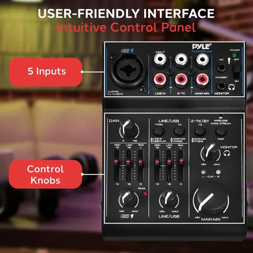 Vista 5 de Pyle Mezclador de audio Bluetooth de 3 canales - Controlador de sonido DJ e interfaz de tarjeta de sonido USB para grabación de PC, entrada XLR