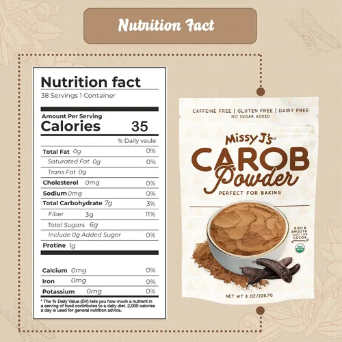 Vista 2 de Missy J's Polvo de algarrobo tostado orgánico de 8 onzas, 1 paquete, hecho de algarroba, vegano y sin gluten, sustituto saludable sin cafeína