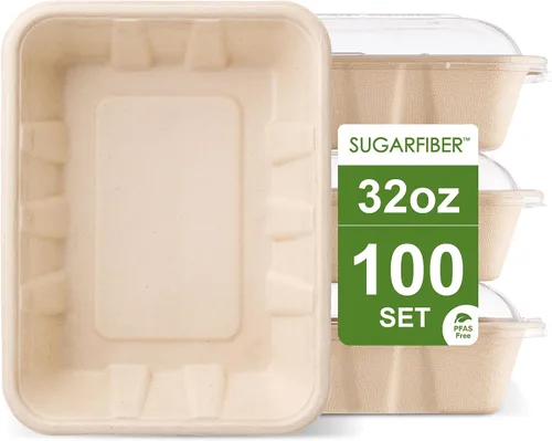 Vista 11 de 100 unidades Harvest Pack 22 oz Bandejas de comida compostables, 21.56 cm x 16.38 cm x 3.3 cm Contenedor de comida desechable LIBRE de PFAS, platos