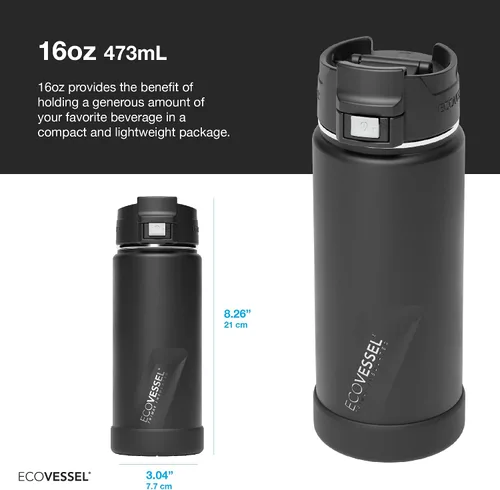 Vista 2 de EcoVessel PERK Trimax - Botella de viaje de acero inoxidable con aislamiento al vacío para café y té con botón de bloqueo superior, vaso de café