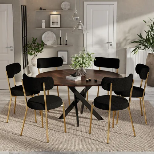 Vista 45 de Moderno juego de mesa de comedor redonda de 3 piezas, mesa de MDF circular negra y 2 sillas de comedor negras Boucle, muebles de cocina con marco