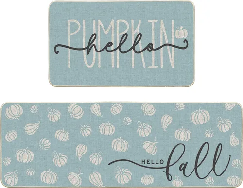 Vista 9 de Artoid Mode Juego de 3 tapetes de cocina naranja con texto en inglés "Hello Pumpkin", decoración otoñal para el hogar, alfombras de cocina de bajo