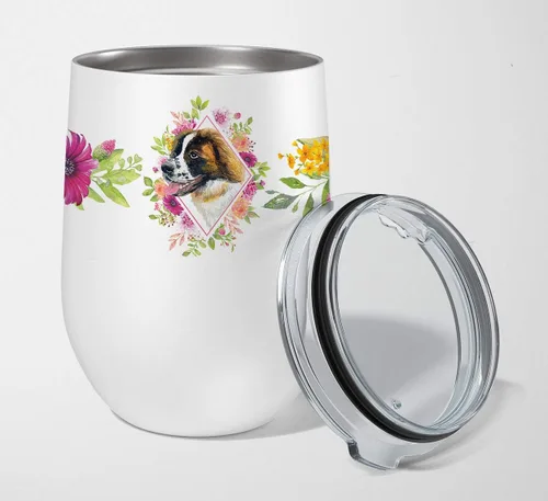 Vista 67 de Caroline's Treasures CK4110TBL12 Afghan Hound Pink Flowers - Vaso de vino aislado de acero inoxidable de 12 onzas con tapa, bonita taza de viaje