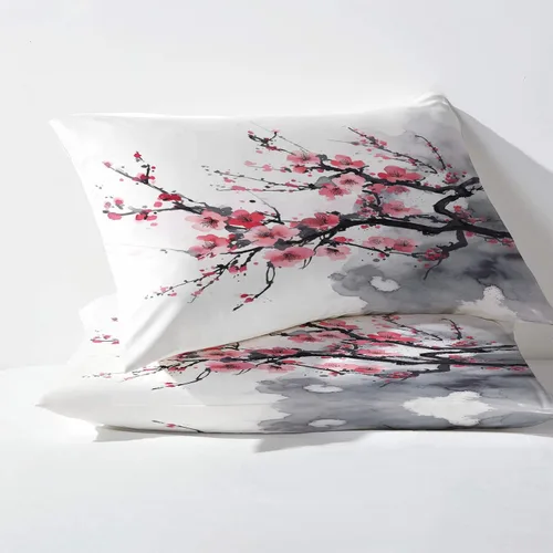 Vista 3 de Juego de sábanas de 3 piezas con estampado de flor de cerezo, tamaño individual, sábanas y fundas de almohada estampadas de Sakura, sábana bajera