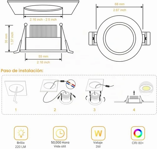 Vista 3 de Paquete de 6 luces LED empotrables de 2 pulgadas, 3 W 2700 K, luz blanca ultra cálida regulable, mini lámparas empotrables con controlador LED 2700