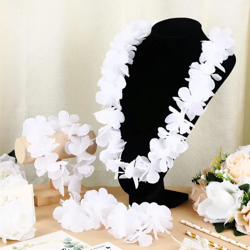 Vista 7 de Hanaive 48 piezas de flores hawaianas blancas Lei para boda a granel floral tropical Luau collar playa guirnalda hawaiana collar pulseras diadema