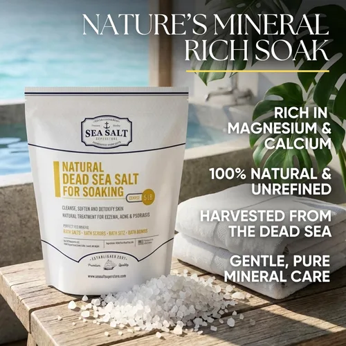 Vista 2 de Sea Salt Superstore Sal natural del Mar Muerto para remojar, sales minerales de grano grueso de Israel, que apoyan la relajación muscular