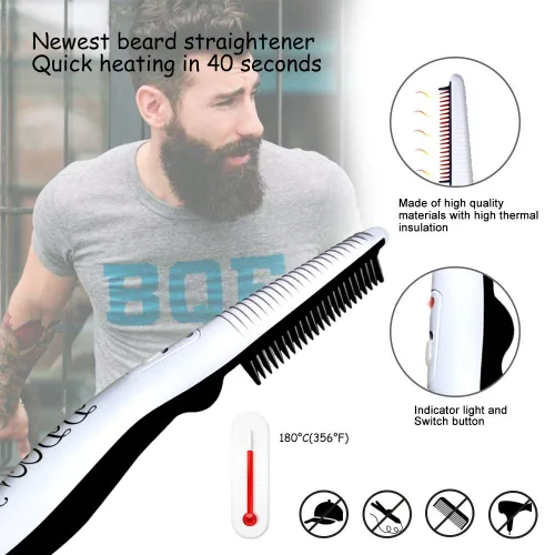 Vista 3 de Peine alisador de barba para hombres,Peine caliente para el cabello,Estilizador de cepillo de barba calentado eléctrico rápido,Viaje portátil
