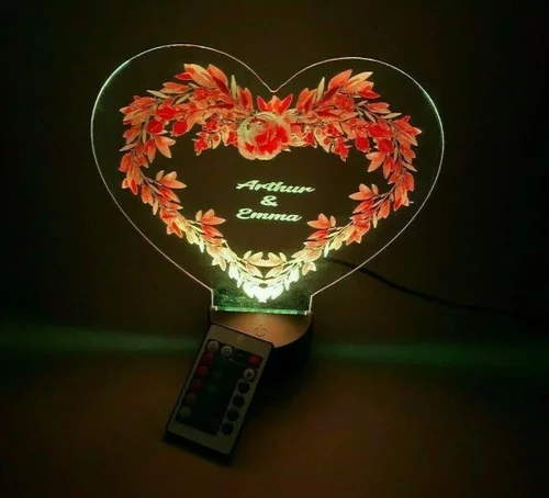 Vista 3 de MIRROR MANIA Heart with Flowers UV Printed Couples Night Light Up Table Lamp LED Personalized Free Engraved Names Dates Words Made to Order Custom