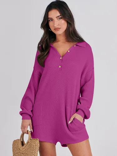 Vista 2 de ANRABESS Enterizo de suéter para mujer, trajes de otoño 2023, a la moda, largo, Henley, cuello en V, overol de punto para descansar
