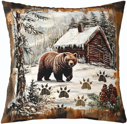Vista 22 de Cartoon Bear Pillow Cover Cute Wild Animal Paw Print Cushion Cover for Kids Boys Girls Teens Jungle Pine Trees Silhouette Cabin Pillow Case for