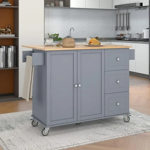 Vista 14 de Carrito móvil de isla de cocina de 52.7 pulgadas con organizadores y almacenamiento superior de madera maciza y ruedas de bloqueo, armario