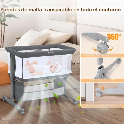 Vista 3 de Ezebaby Cuna junto a la cama para bebé, moisés portátil junto a la cama para recién nacidos con ruedas, cesta de almacenamiento, ajustable a 7 Gris