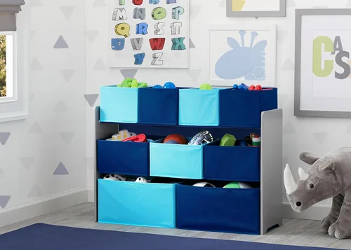Vista 6 de Delta Children Organizador de almacenamiento de juguetes para niños con 12 contenedores de plástico, certificado Greenguard Gold, gris/azul