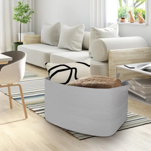 Vista 4 de Cestas grises para organizar, cestas rectangulares de cuerda de algodón de 22 x 17 x 12 pulgadas, cesta tejida para manta para sala de estar, cubos