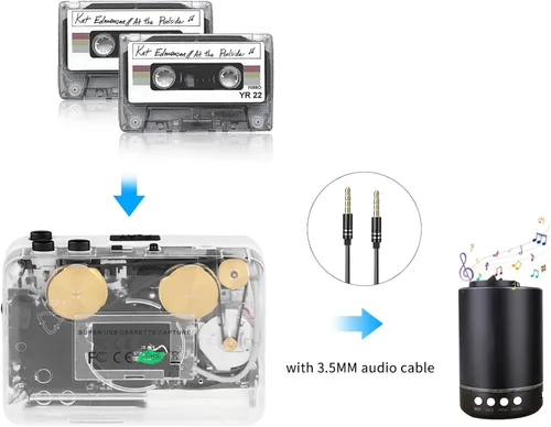 Vista 3 de Reproductor de casete - Convertidor de cassette a MP3 con software de convertidor de cinta, reproductor de cinta de casete estéreo transparente