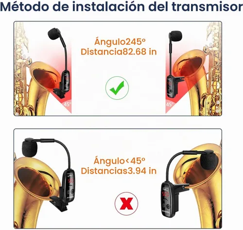 Vista 6 de Micrófono inalámbrico para saxofón, micrófonos UHF para saxofón, micrófono con clip de carga y pantalla digital, para trompeta, tuba, trombón Negro1