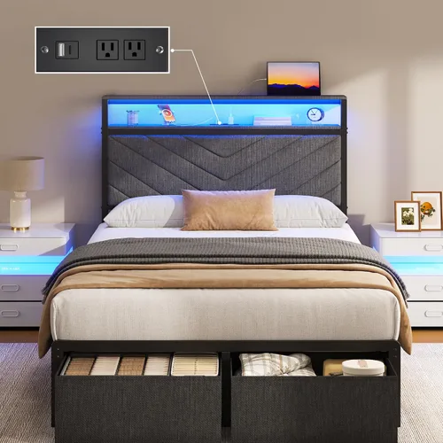 Vista 9 de Fluest Base de cama Queen con 2 cajones, cabecera tapizada con estación de almacenamiento y carga, luces LED, cajones de tela con ruedas, Gris