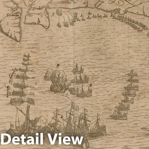 Vista 2 de Mapa histórico: (Portugaliae Pars - Mostrando una batalla naval entre la armada inglesa y los galeones españoles frente a la costa de Portugal)
