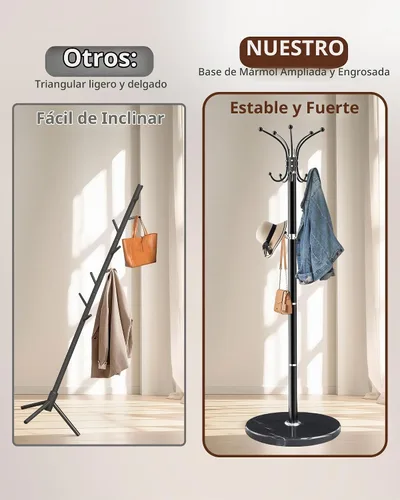 Vista 4 de Snaikor Perchero de Metal con Base de Mármol Natural, Perchero Moderno Independiente, Perchero Giratorio de 360° con 14 Ganchos, Perchero de Negro