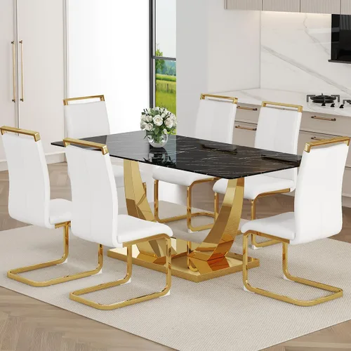 Vista 35 de Juego de Mesa de Comedor Negra para 6, Mesa de Comedor de Mármol Falso de 71" para 6, Juego de Mesa de Cocina Rectangular con Sillas de Cuero PU