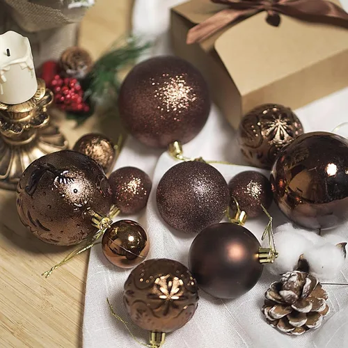 Vista 3 de Senjie Adornos de Navidad inastillables marrones, 32 bolas esféricas para árboles de Navidad