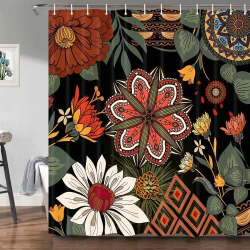 Vista 26 de Torich Cortina de ducha bohemia floral para baño, abstracta de mediados de siglo, decoración bohemia, cortinas de baño, flores botánicas, hojas