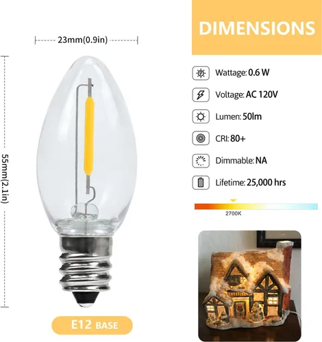 Vista 2 de KGC Paquete de 2 cables de accesorios encadenables con bombilla LED C7, cable de luz de molde de soplado interior de 6 pies con enchufes macho