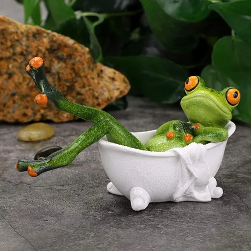 Vista 7 de JUXYES Figura de Rana de Resina de Artesanía Creativa, Rana Esculpida Acuclillada en la Bañera, Mascota Personalizada de Animal Coleccionable