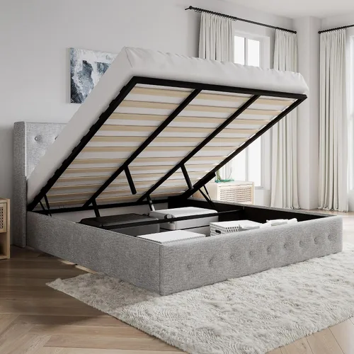 Vista 16 de SHA CERLIN Base de cama de tamaño completo con almacenamiento abatible, cabecera abombada con botón acolchado, plataforma tapizada, almacenamiento