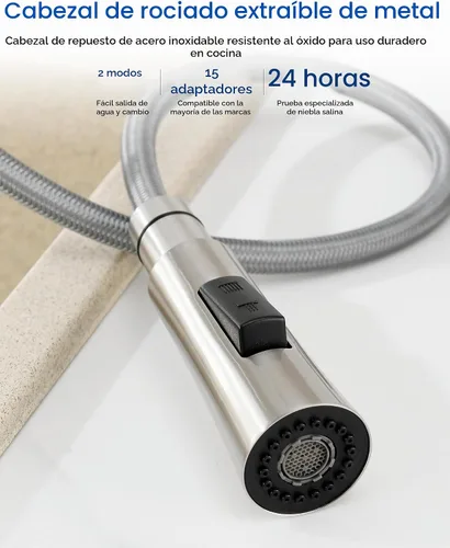 Vista 6 de J-HVA Repuesto de cabezal de grifo de cocina de metal, cabezal rociador desplegable con 15 adaptadores, 2 modos de repuesto de cabezal de rociador