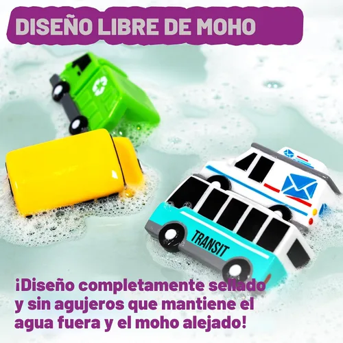 Vista 4 de Tub Works® Vehicles™ Coches de Baño Libres de Moho, Paquete de 6 Sellados, Diseño de Juguetes de Baño Sin Agujeros que Mantiene la Humedad Afuera