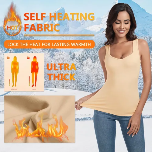 Vista 2 de WOWENY Camiseta sin mangas de forro polar térmico para mujer, sin mangas, cuello corazón, chaleco de invierno, ropa interior, camiseta cálida