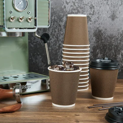 Vista 5 de LITOPAK Paquete de 80 tazas de café de papel de 10 onzas, tazas de café caliente con pared ondulada aislada con tapa y pajitas, tazas de tres capas