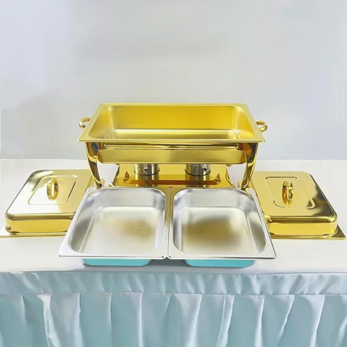 Vista 8 de Golden Chafing - Juego de bufé de platos de acero inoxidable de 9 cuartos de galón, servidores de buffet de 9 litros con soporte para combustible