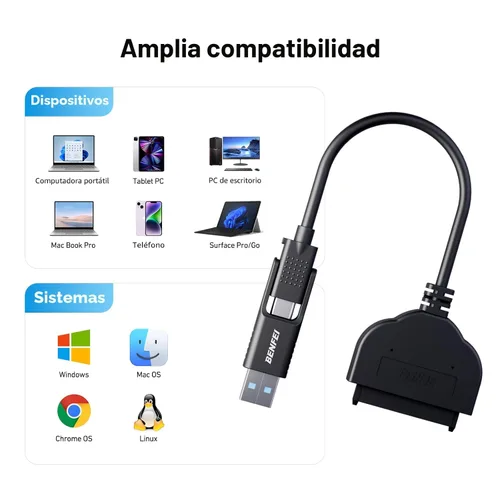Vista 5 de BENFEI Cable SATA a USB, adaptador de disco duro USB C/USB 3.0 a SATA III 2 en 1 compatible con HDD y SSD de 2.5 pulgadas