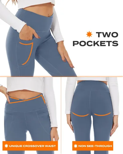 Vista 111 de TNNZEET Leggings acampanados negros para mujer, pantalones de yoga cruzados con bolsillos, corte de bota, leggings acampanados