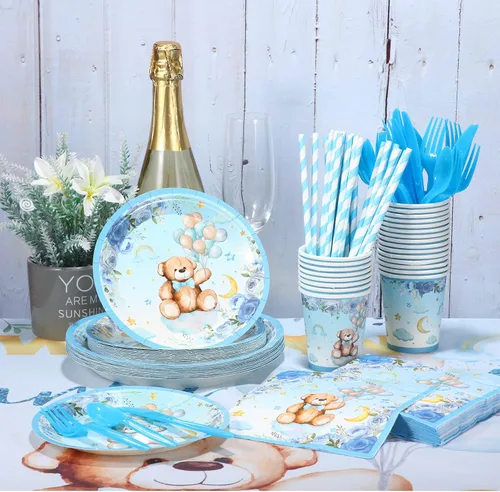Vista 3 de 200 piezas de decoración de oso para baby shower para 25 invitados, platos de papel para baby shower, servilletas para niños, juegos de oso azul