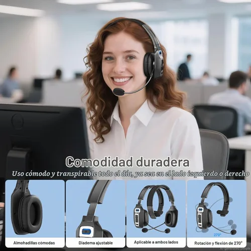 Vista 5 de Auriculares Bluetooth BRAMMAR Trucker con cancelación de ruido AI y micrófono, auriculares Trucker con 65 horas de tiempo de conversación y botón