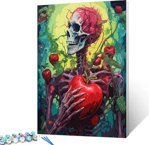 Vista 9 de Tucocoo Pintura de calavera de corazón por números para adultos, diseño de flores trippy, pintura por número para adultos principiantes, pintura