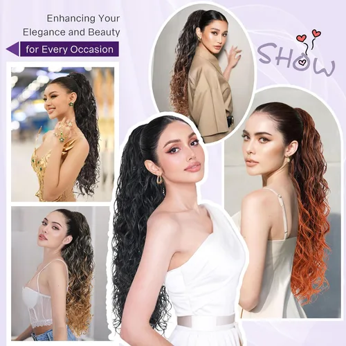 Vista 7 de Icono de la moda - Extensión de cola de caballo rizada ondulada con clip, cabello real, cola de caballo negra, extensiones de cordón con clip