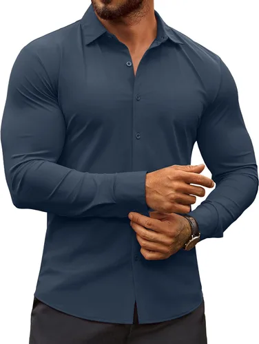 Vista 12 de COOFANDY Camisas de vestir ajustadas para hombre, sin arrugas, manga larga, casuales, con botones