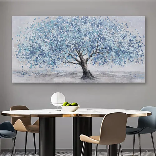 Vista 6 de Arte de pared de árbol de la vida, cuadro de árbol azul, decoración de pared, obra de arte enmarcada, lienzo abstracto, pintura de la naturaleza