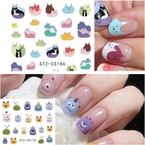 Vista 4 de 6 hojas de calcomanías de arte de uñas de animales autoadhesivas 3D, diseño de letras de gato, divertidas calcomanías de uñas para primavera