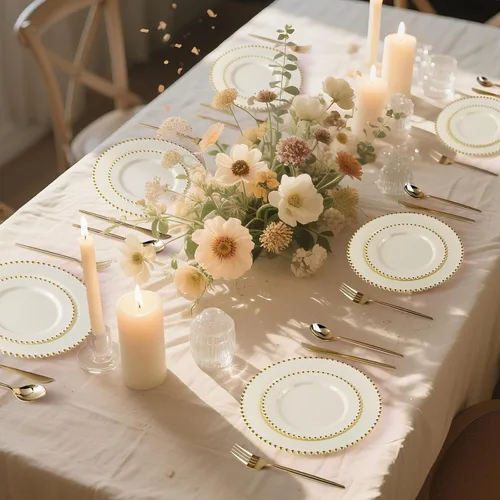 Vista 6 de ejonirinjonir EI 60 platos de plástico beige con borde dorado, platos desechables marfil, plato de plástico de lujo resistente, cena de 10 pulgadas