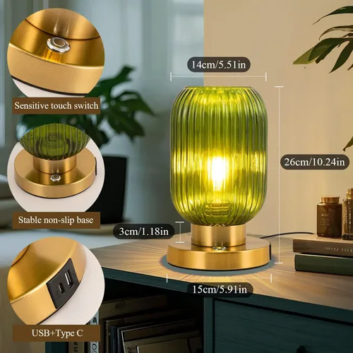 Vista 3 de Lámpara de mesa de cristal para sala de estar, lámpara de noche vintage para dormitorio, lámpara de mesa de noche regulable de 3 vías con control